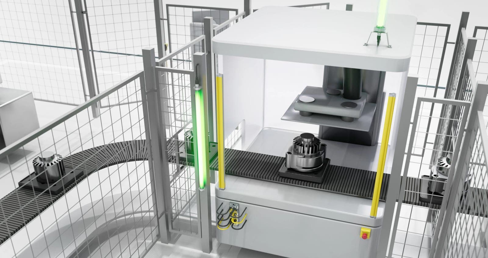Illustration of a machine with a conveyor and guard fencing, with a slim green SmartLight Rigid mounted beside the gate