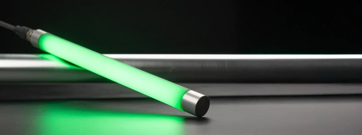 Balluff SmartLight Rigid, a slim tube-shaped status light, glowing green