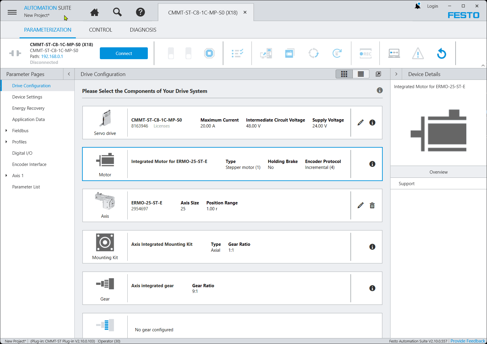 Festo Automation Suite — Drive Configuration showing CMMT-ST and ERMS-25-ST-E