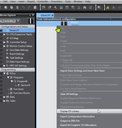 Sysmac Studio EtherCAT right-click menu showing Display ESI Library option