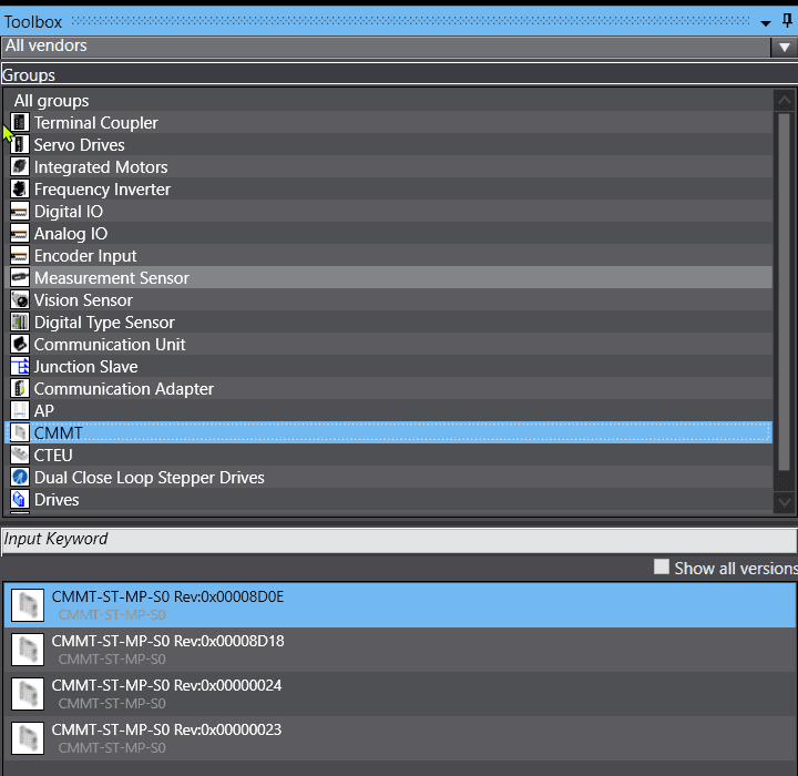 Sysmac Studio ESI Library toolbox showing CMMT category with available revisions