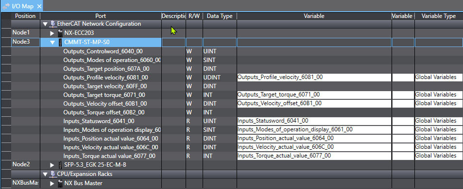 Sysmac Studio I/O Map showing CMMT-ST PDO variables mapped to Global Variables