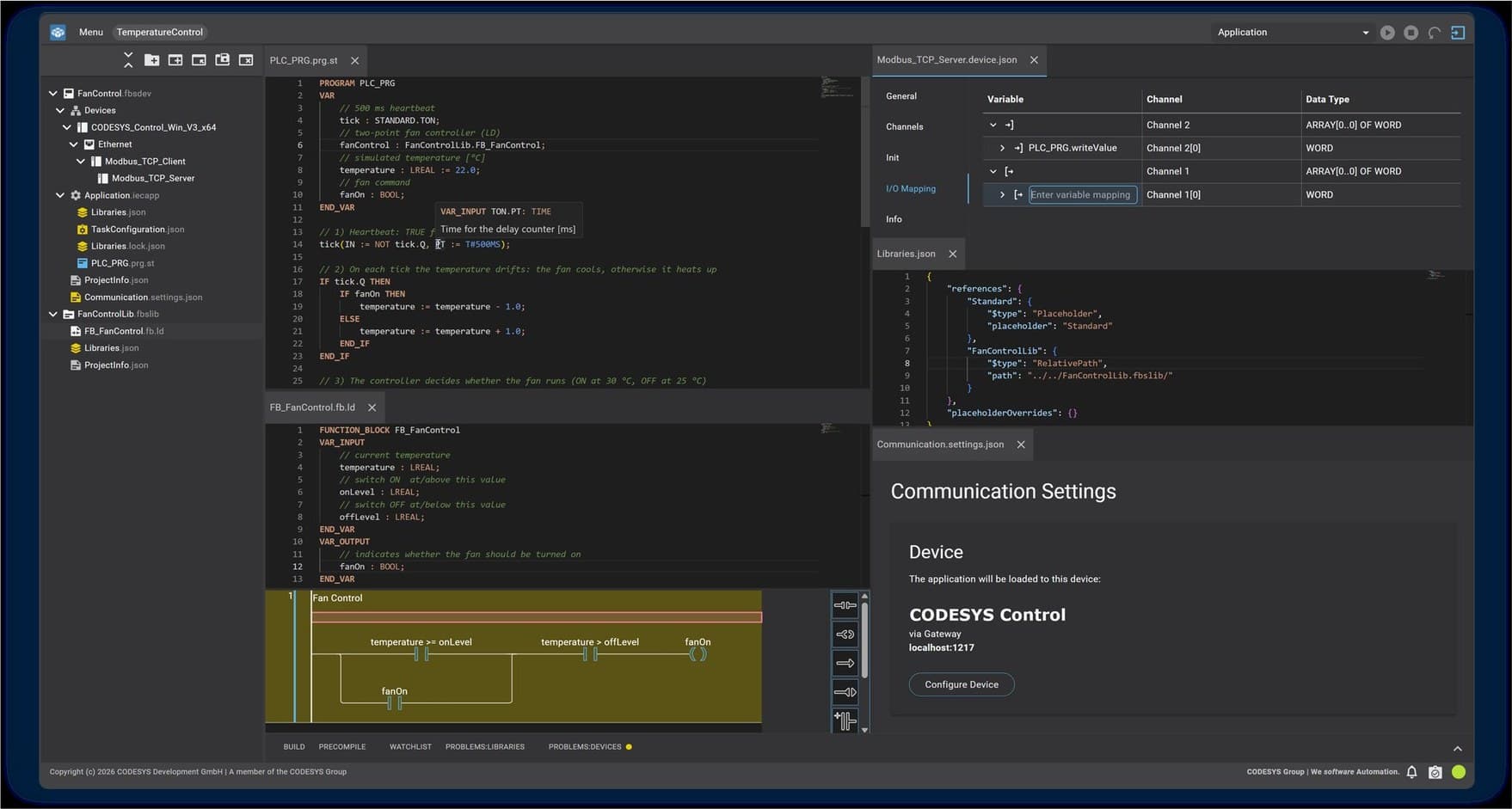 CODESYS 4 IDE in dark mode, showing the file tree, a Structured Text editor, the Ladder editor, Modbus I/O mapping, and the libraries.json dependency file side by side
