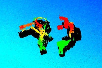 A 3D image of two parts with speckled gaps in the shape data