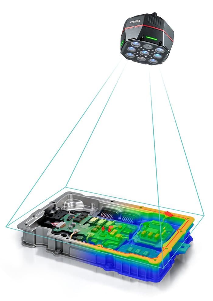 A CG-R camera above a large electronics housing, with a blue box showing its field of view and a colour-coded 3D height map over the part